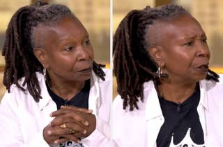 Whoopi Goldberg in two side-by-side close-up shots; she has dreadlocks and is wearing a white shirt over a black T-shirt with a graphic design