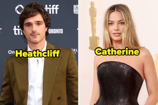 Heathcliff in a suit jacket, Catherine in a strapless dress on a red carpet. Both are posing for the camera