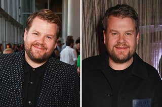 James Corden in two side-by-side images. In the left image, he is wearing a polka-dot blazer; in the right image, he is wearing a dark jacket