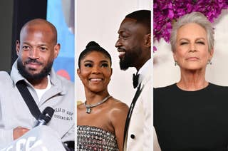 Marlon Wayans in casual wear, Gabrielle Union and Dwyane Wade in formal attire, Jamie Lee Curtis in an elegant black dress