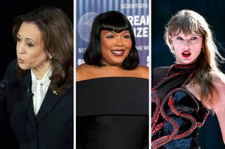 Kamala Harris speaks; Lizzo smiles in an off-shoulder dress; Taylor Swift performs in a sleeveless embellished outfit