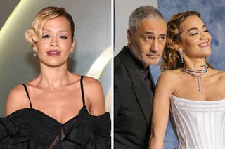 Rita Ora in an elegant black off-shoulder dress on the left; Rita Ora in a white gown with Taika Waititi in a black suit on the right