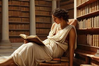 A person in an ancient library, wearing a toga, is seated and reading a large book. Shelves of books surround them