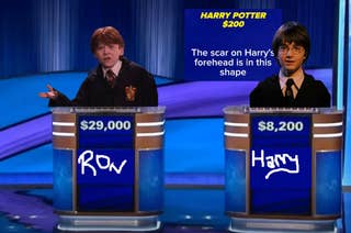 Ron and Harry compete on a quiz show. The question asks about the shape of the scar on Harry's forehead