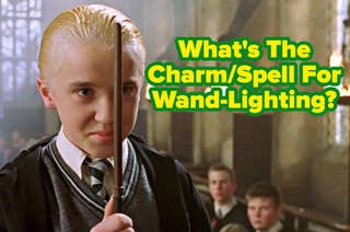 Draco Malfoy holds a wand in a Hogwarts classroom with text asking, 