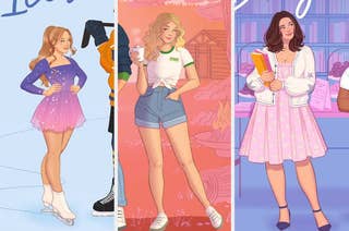 Animated characters from left to right: ice skater in a dress, girl in a camp shirt and shorts with a mug, and a girl with a book in a cardigan and dress