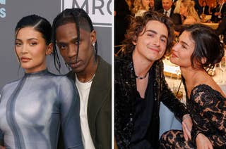 Kylie Jenner poses with Travis Scott on the left side of the image, whereas Timothée Chalamet and Zendaya are at an event on the right side